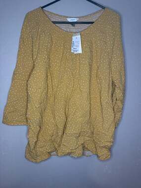 CJ Banks Mustard Yellow Polka Dot Smocked Neck Blouse 2X